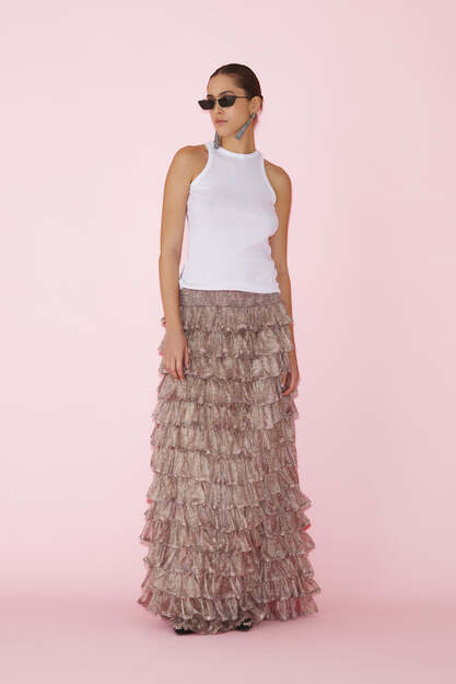 Printed Floral Rose Silk Skirt With Ruffled