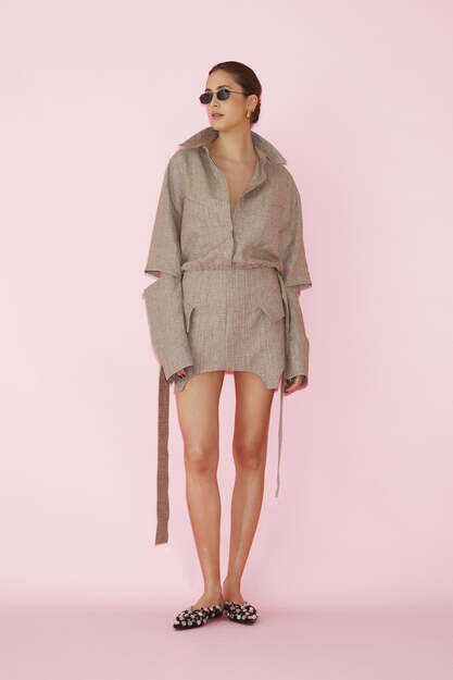 Brown-Gold Mini Dress with Corset Skirt