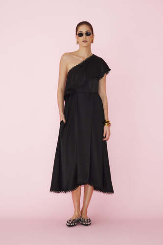 One Shoulder Black Viscose Midi Dress - PNK Casual