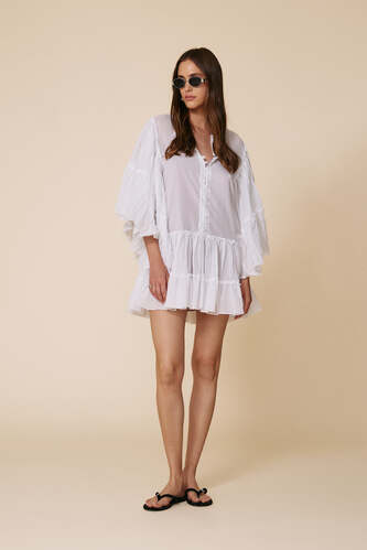 White Mini Dress With A relaxed Fit And Ruffle Details - PNK Casual