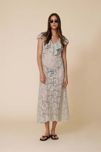 Light Green Midi Lace Dress With Ruffled Neckline - PNK Casual