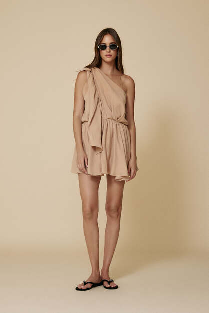 One Shoulder Beige Mini Dress