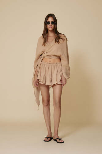 Beige Cotton Wrap Linen Blouse - PNK Casual