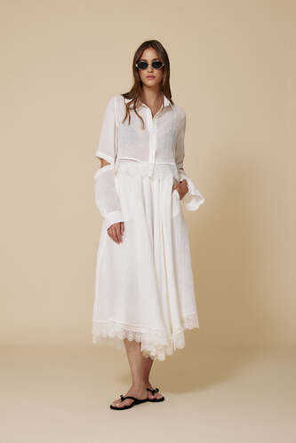 White Linen Cropped Shirt With Lace - PNK Casual