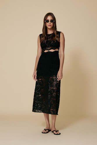 Black Lace Midi Dress With A Feminine Cut And A Delicate Waist Cut-Out - FW25 - PNK Casual