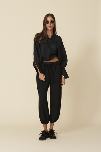 Black Relaxed-Fit Pants With Silk Insert At The Waistband - FW25 - PNK Casual
