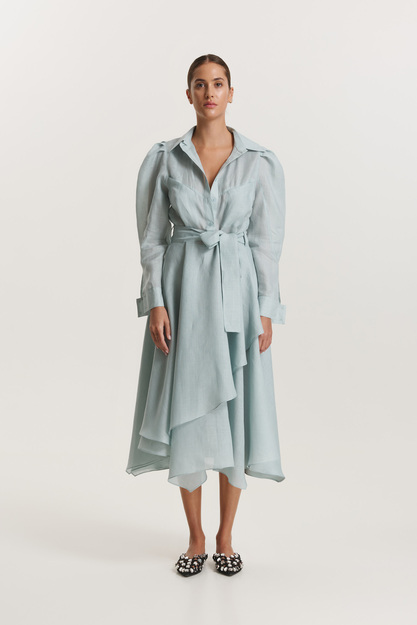 Aqua Ruffled Linen Midi Dress