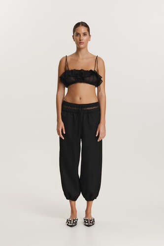 Black Viscose Pants With Lace Insert At The Waistband - FW25 - PNK Casual