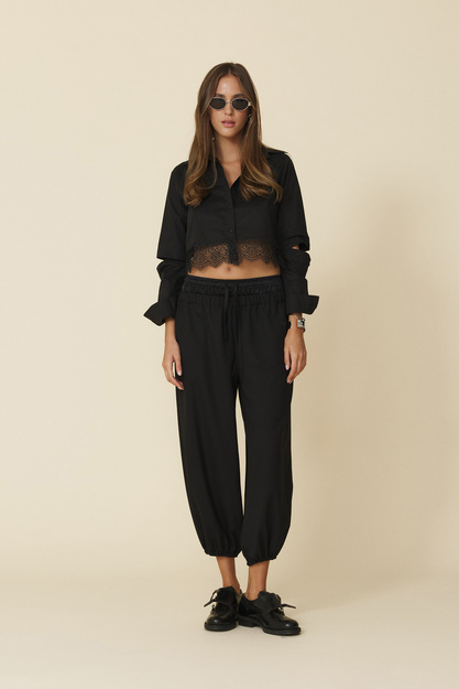Black Cotton Cropped Shirt With Lace