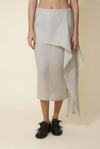 Light-Gray Midi Skirt With An Asymmetric Cut And Soft Side Draping - FW25 - PNK Casual
