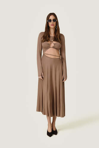 Beige Dress With a Front Cut-Out Detail And Adjustable Lace-Up Tie - SS26 - PNK Casual