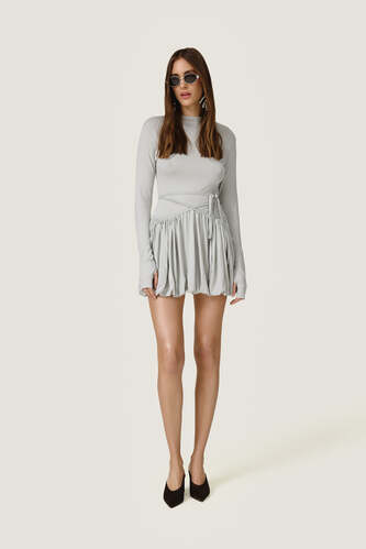 Grey Dress WIth Long Sleeves And Adjustable Waist Tie - SS26 - PNK Casual